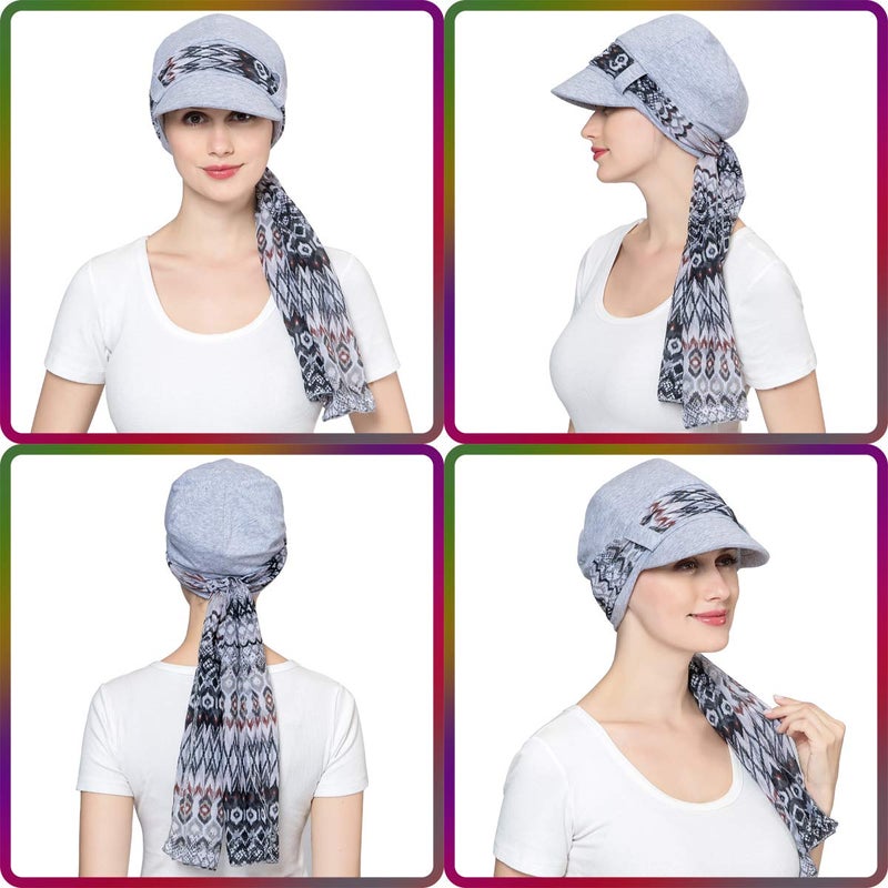 JarseHera Chemo Hats for Women Bamboo Cotton Lined Newsboy Caps with Scarf Double Loop Headwear for Cancer Hair Loss Light Gray - Image 4